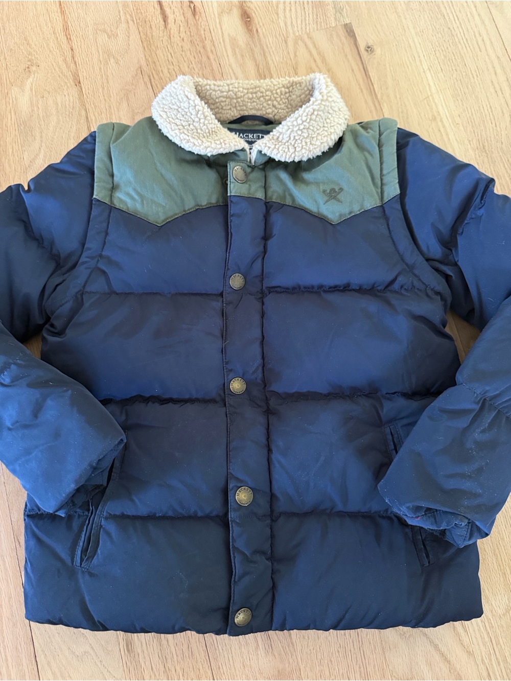 Hackett London Navy Puffer Jacket/ Vest Combo, Cream Sherpa Collar boys sz 9-10